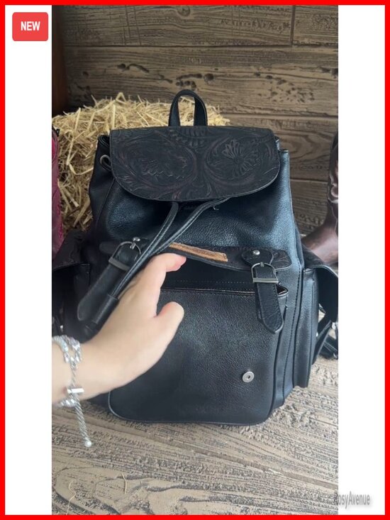 Western Floral Tooled Leather Backpack Purse with Drawstring Closure main image 4